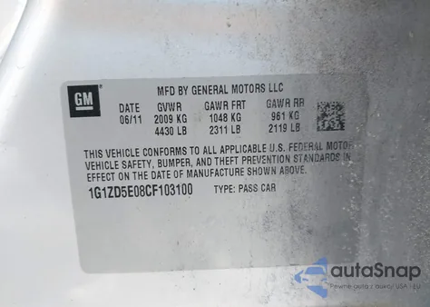 2012 Chevrolet Malibu 2Lt из США, поврежденный, VIN 1G1ZD5E08CF103100